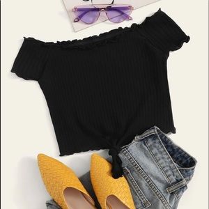 Tie front lettuce trim rib-knit bardot.